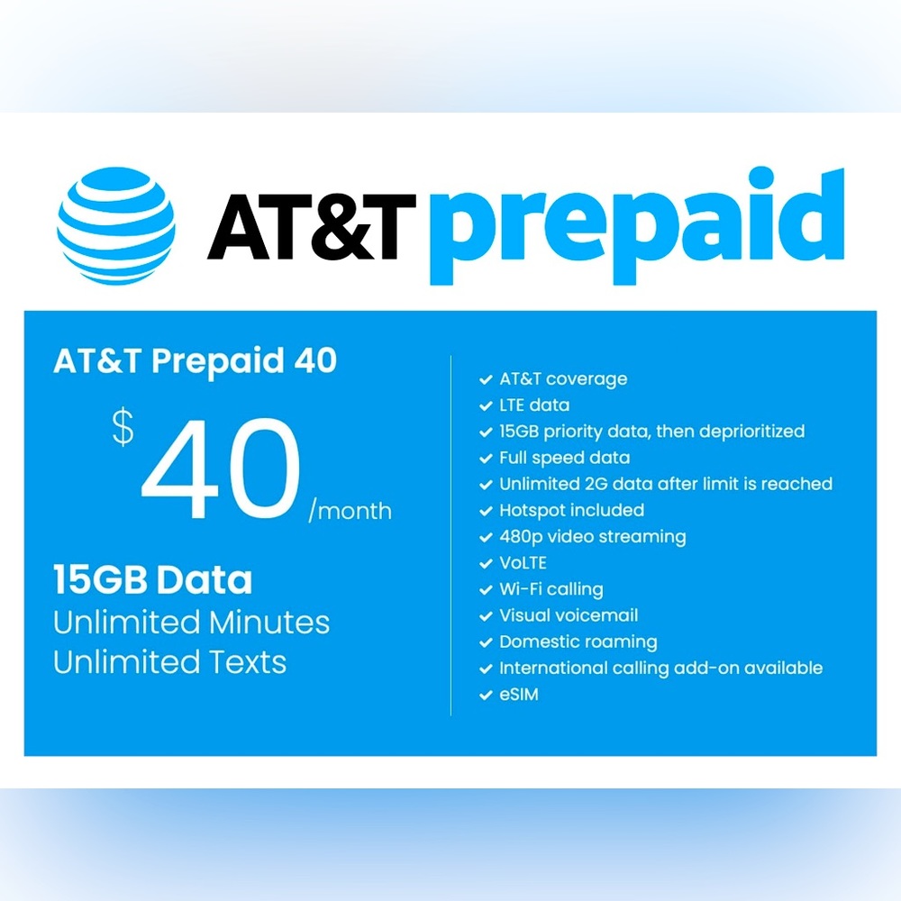 AT&T $40 Prepaid Service for 30 days - eSim Activation instantly - No Waiting ✅